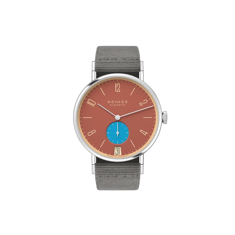 NOMOS Glashütte Tangente 38 Datum Ziegelblau 179.S27 Rotes Zifferblatt 
