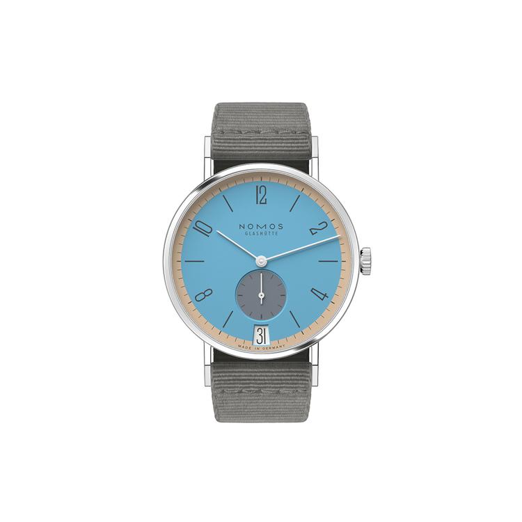 NOMOS Glashütte Tangente 38 Datum Delfin 179.S22 Blaues Zifferblatt